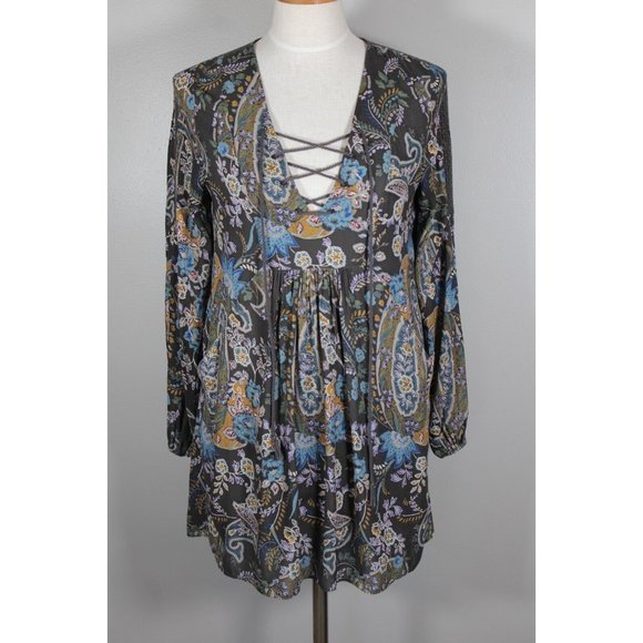 Free People Rain or Shine Swing Dress SMALL BOHO Festival  Gray Floral Paisley - Picture 1 of 15